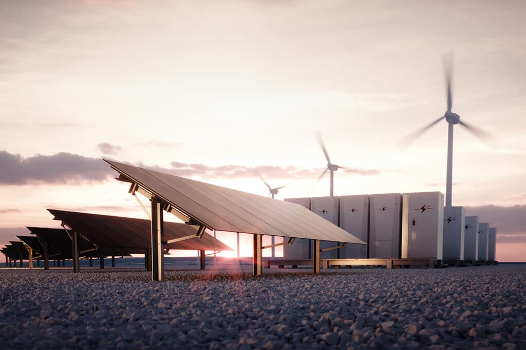 image of solar panels and wind turbine