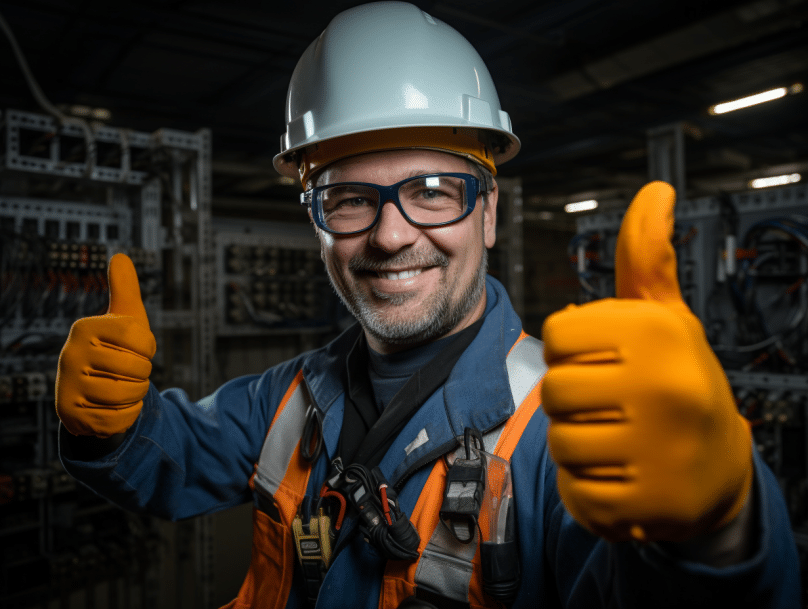 Electrician in safety gear giving thumbs up.